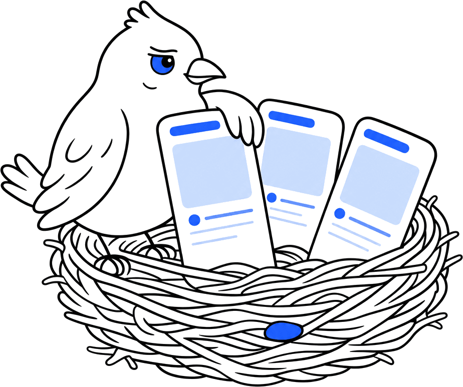 The Storeboard bowerbird guarding a nest holding three app screenshots